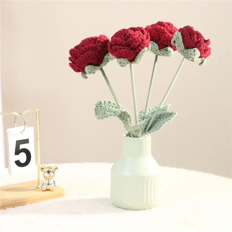 Handmade Knitted Rose, Artificial Rose Faux Flowers, Home Decorative Flower Without Vase