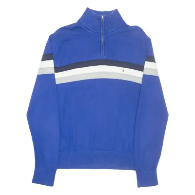 TOMMY HILFIGER Mens Patterned Jumper Blue Striped 1/4 Zip Tight Knit L