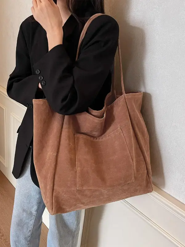Women's Solid Color Suede Tote Bag, Large Capacity Shoulder Bag for Work & Daily Used, Casual Trendy Versatile High-quality D...