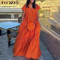 UOOZEE Women's Orange Loose Short Sleeves Pleated Pockets Solid Color Split-Joint V-Neck Maxi Dresses Summer Casual Basic Cot...