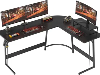 L Shaped Desk, Computer Corner Desk, Gaming Desk with Monitor Stand, Home Office Study Writing Workstation, Space-Saving - Ga...