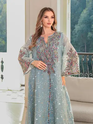 Women's Embroidery V Neck 3/4 Sleeve Arabian Robe, Elegant Long Sleeve Dress for Party Holiday Vacation, Ladies Islamic Cloth...