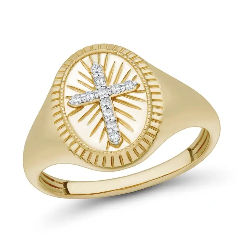 10K Gold Round Shaped Diamond Custom Cross Signet Ring I Color I2 Clarity 3EX IGI Certified