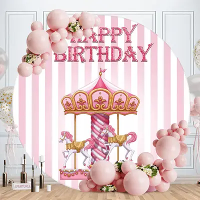 Aperturee Pink Carousel Round Happy Birthday Backdrop For Girl