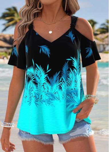 Modlily Cyan Tropical Plants Print Tummy Coverage T Shirt - L