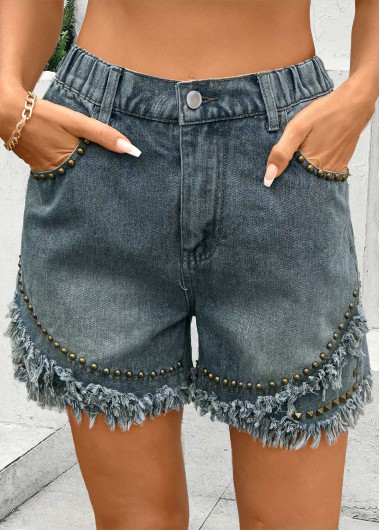 Modlily Denim Blue Straight Leg Button Fly High Waisted Shorts - M
