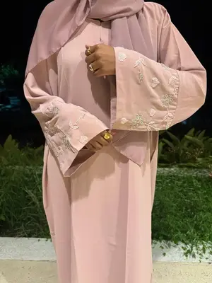 Flower Rhinestone Abaya - Elegant Hand-Sewn Embroidery on Premium Closed Design with Matching Hijab in Black or Pink