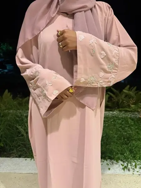 Flower Rhinestone Abaya - Elegant Hand-Sewn Embroidery on Premium Closed Design with Matching Hijab in Black or Pink