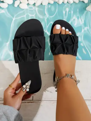 Women's Fashionable Plain Color Wide Band Slide Sandals, Casual Comfortable Flat Sandals for Summer, Boho Style Beach Slipper...