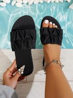 Women's Fashionable Plain Color Wide Band Slide Sandals, Casual Comfortable Black Flat Sandals for Summer, Boho Style Beach S...