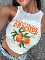 Women's Peach Print Round Neck Tank Top, Casual Sleeveless Crew Neck Top for Summer, Ladies Clothes for Daily Wear