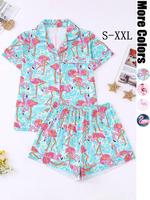 Two-piece Set Women's All Over Flamingo Print Short Sleeve Pajama Set, Casual Comfy Lapel Neck Button Front Top & Elastic Wai...