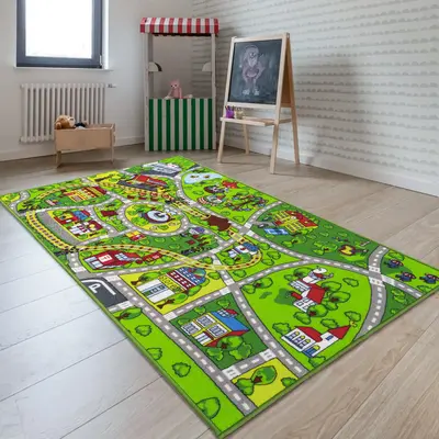 Booooom Jackson Car Play Mat, Non Slip Rug for Playroom Bedroom, Colorful Road Train Track Rug with Street, Perfect Vehicle D...