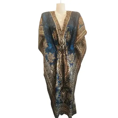 Bohemian Kaftan Maxi Dress Deep Blue & Gold Floral Print V-Neck Adjustable Waist Flowy Resort Wear