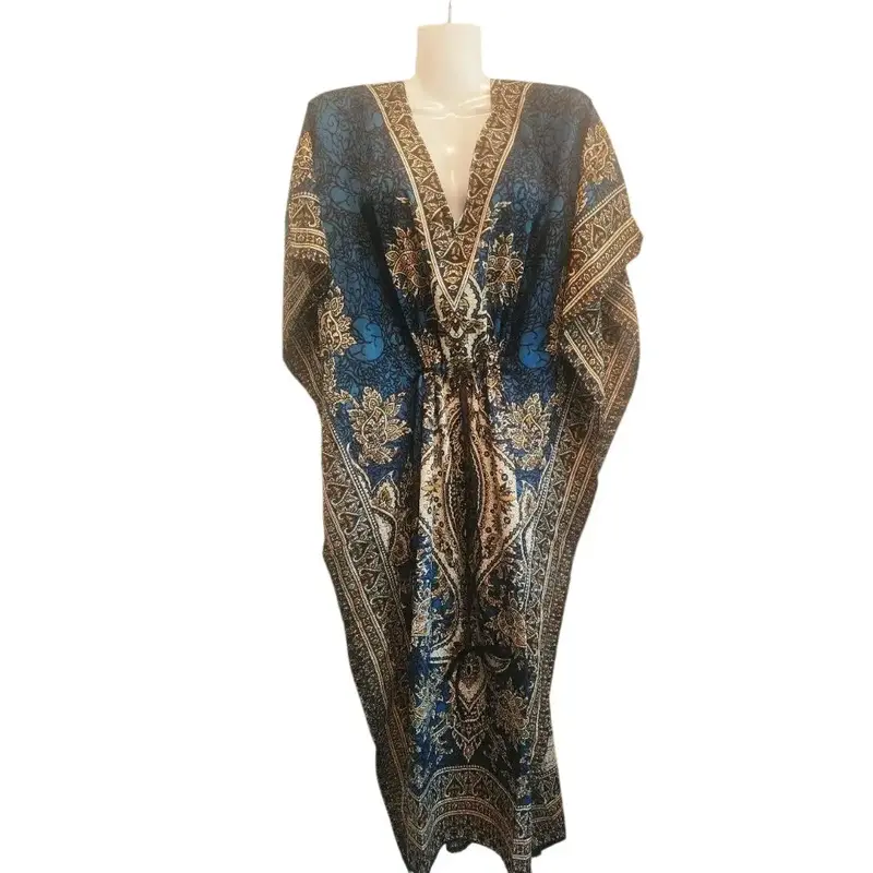 Bohemian Kaftan Maxi Dress  Deep Blue & Gold Floral Print V-Neck Adjustable Waist Flowy Resort Wear