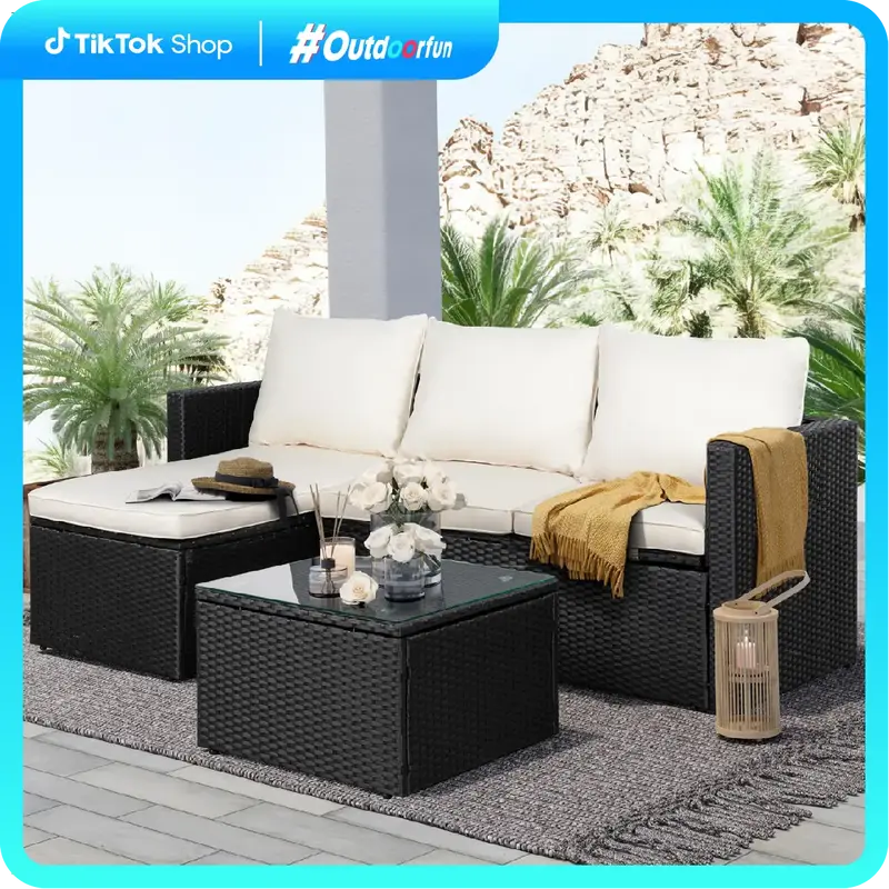Walsunny Patio Furniture Set - 3 Piece Outdoor Sectional Wicker Patio Furniture with Glass Table and Cushions, All-Weather Wi...