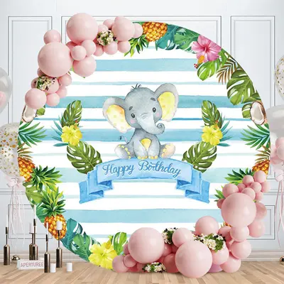 Aperturee Pineapple And Blue Eleohant Round Birthday Backdrop