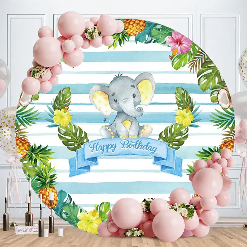 Aperturee Pineapple And Blue Eleohant Round Birthday Backdrop