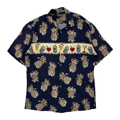 Van Heusen Graphic Hawaiian Shirt - Large Blue Viscose