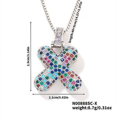 Brass Pave Colorful Cubic Zirconia Letter Pendant Box Chain Necklaces
