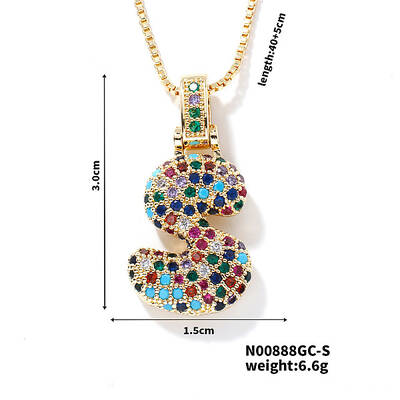 Brass Pave Colorful Cubic Zirconia Letter Pendant Box Chain Necklaces