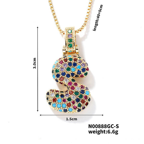 Brass Pave Colorful Cubic Zirconia Letter Pendant Box Chain Necklaces