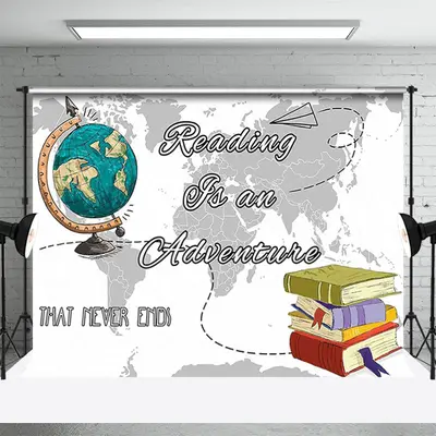 Adventure Globe Map Travel World Book Day Backdrop - Aperturee