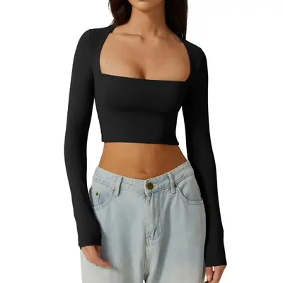 QINSEN Women's Sexy Square Neck Crop Top Long Sleeve Slim Fit Cropped T Shirts Womenswear Blouse