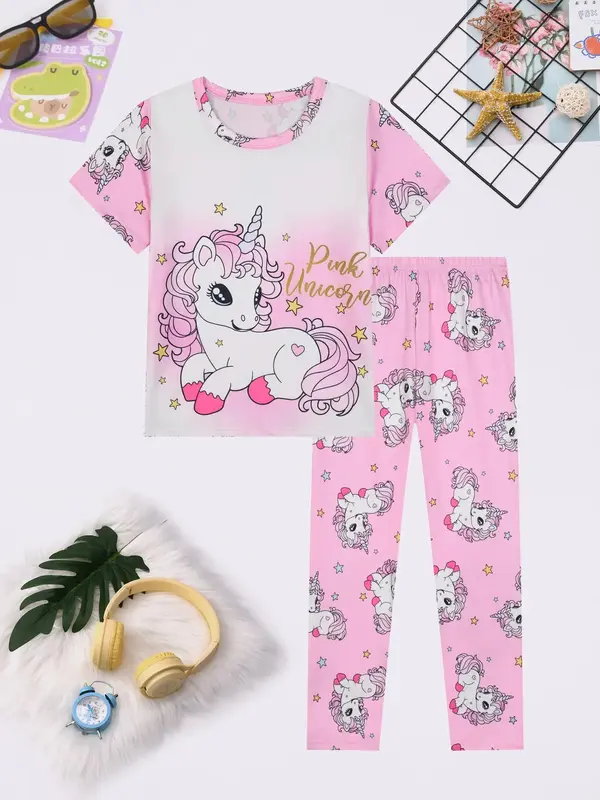 Girl's Unicorn Print Tee & Pants Pajama Two-Piece Set, Cute Comfy Round Neck Short Sleeve T-Shirt & Trousers Pajama Set, Kids...
