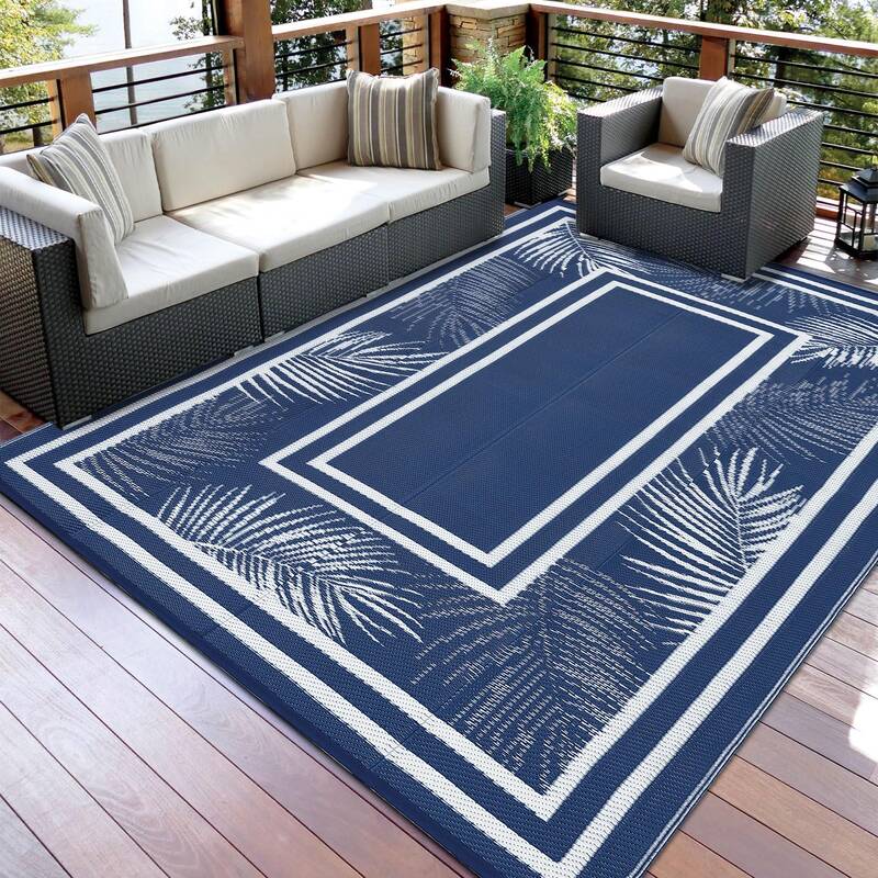 Garvee Outdoor Dark Blue 9x12 Rug Waterproof Reversible UV-Resistant Plastic Straw Patio Mat with Carry Bag for Camping Picni...