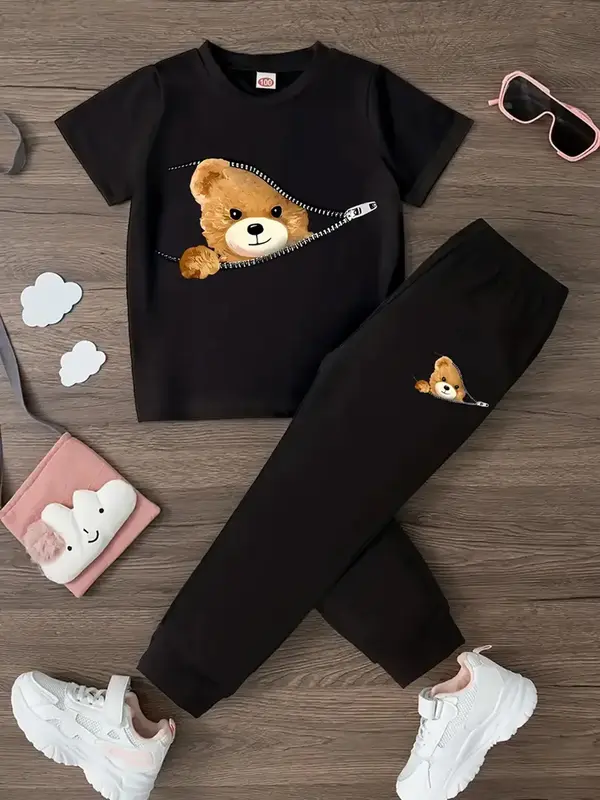 Girls' Cute Bear Print Zipper Short Sleeve T-Shirt & Sweatpants Set, Spring Summer Fall Casual, Comfortable Kids Clothing