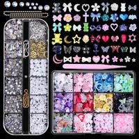 3D Nail Charms Set, Color Blossom Flower Bow Moon Heart Star Nail Art Charms, Half Round Pearl & Flatback Gems AB, Hollow But...