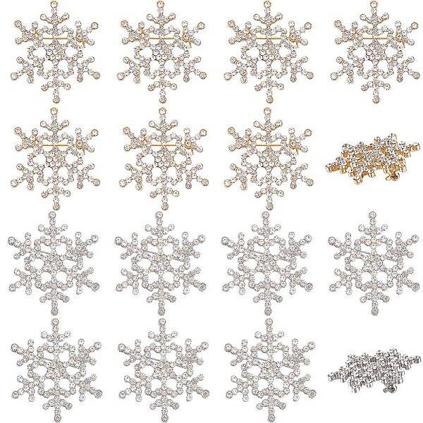 10Pcs 2 Colors Crystal Rhinestone Christmas Snowflake Brooch Pin