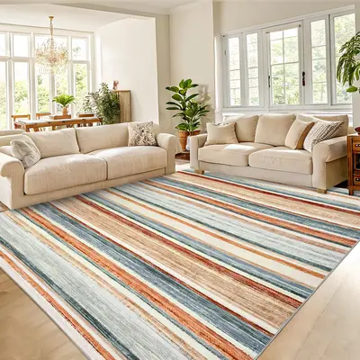 Garvee Washable Living Room Rug 8x10 Large Modern Strip Accent Carpet with Non-Slip Backing, Soft Low Pile Area Rug, Stain-Re...