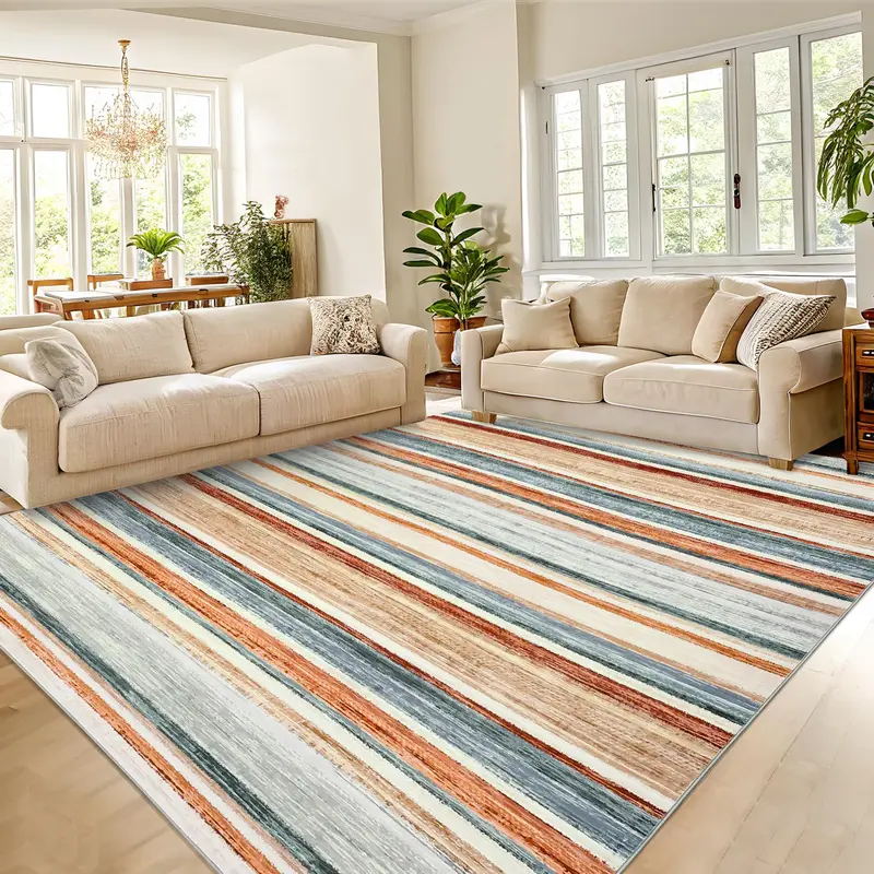 Garvee Washable Living Room Rug 8x10 Large Modern Strip Accent Carpet with Non-Slip Backing, Soft Low Pile Area Rug, Stain-Re...