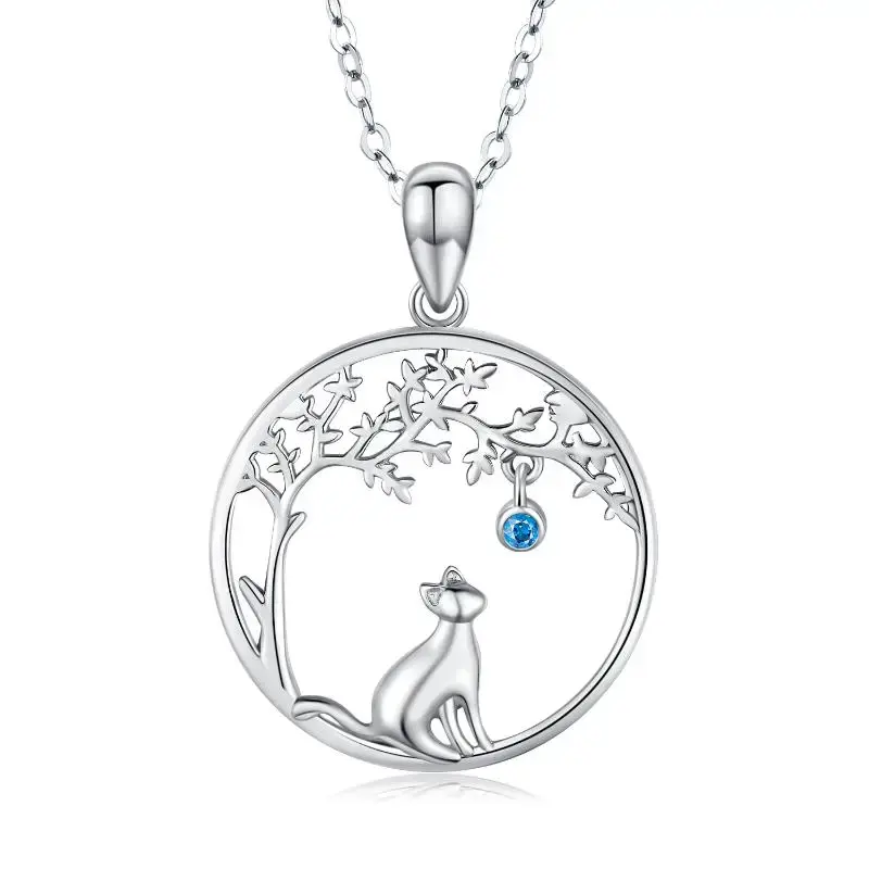 Sterling Silver Cubic Zirconia Cat & Tree Of Life Pendant Necklace