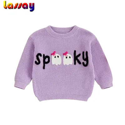 Girls Halloween Knit Sweater Long Sleeve O Neck Letter Ghost Embroidery Pullover Knitwear