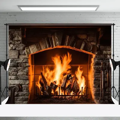 Aperturee Dark Grey Bricks Fireplace Warm Christmas Backdrop - Aperturee
