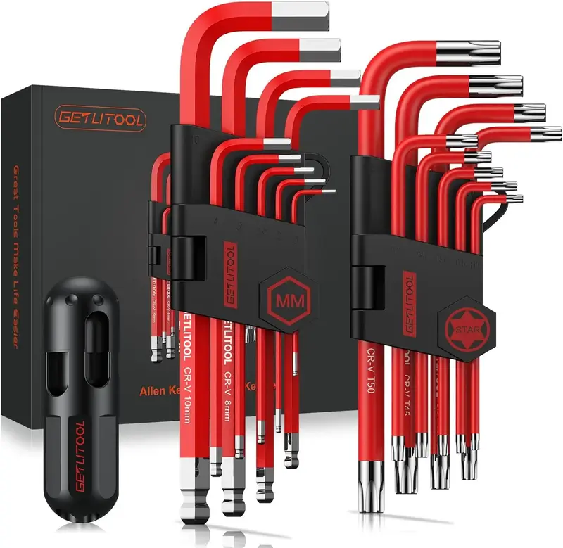 GETLITOOL 18PCS Allen Key Set, Cr-V Allen Wrench Set with T-Handle, Ball & Torx End Hex Key Set 1.5mm-10mm & T10-T50 with Siz...
