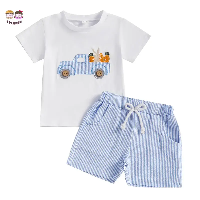 2Pcs Baby Boy Easter Outfits Short Sleeve Truck Embroidery T-Shirt + Shorts Set Toddler Clothes