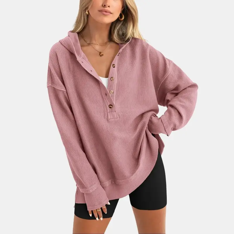 PrettyGarden Womens Fashion Long Sleeve Hoodie Oversized Button Up V Neck Sweatshirt Side Slit Casual Pullover Tops-Womenswea...