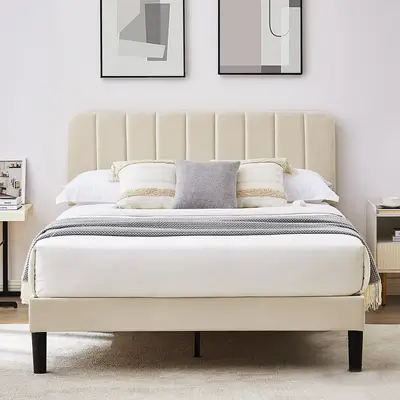 VECELO Upholstered Queen Twin Full Queen Size Bed Frame Platform with Velvet Adjustable Headboard Wooden Slats,Noise-Free,No ...