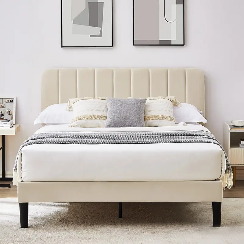 VECELO Upholstered Queen Twin Full Queen Size Bed Frame Platform with Velvet Adjustable Headboard Wooden Slats,Noise-Free,No ...