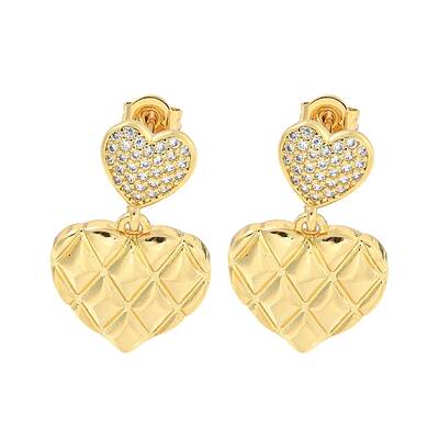 Heart Brass Pave Clear Cubic Zirconia Dangle Stud Earrings