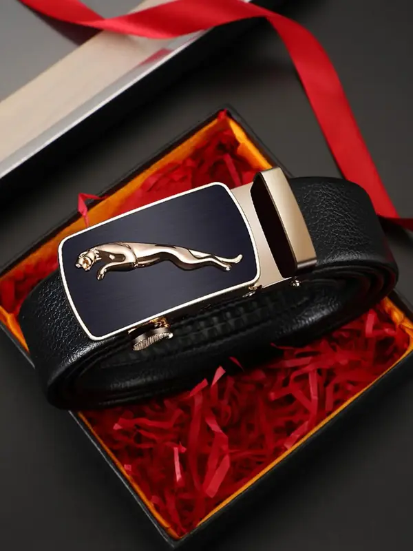 Men's Leopard Design Automatic Buckle Lychee Texture PU Leather Belt, Business Casual Waistband for Jeans, Fashion All-match ...