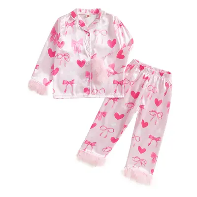 Kids Girl Valentine's Day Satin Pajama Sets Feather Trim Heart Bow Print Button-up Tops Long Pant Lounge Set Sleepwear