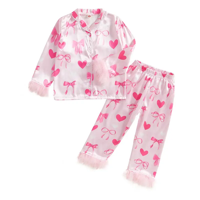 Kids Girl Valentine's Day Satin Pajama Sets Feather Trim Heart Bow Print Button-up Tops Long Pant Lounge Set Sleepwear