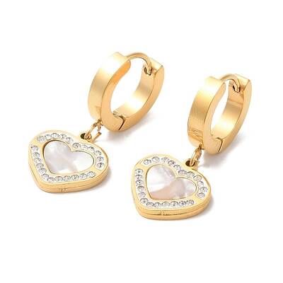 Synthetic White Shell Heart Dangle Hoop Earrings with Rhinestone