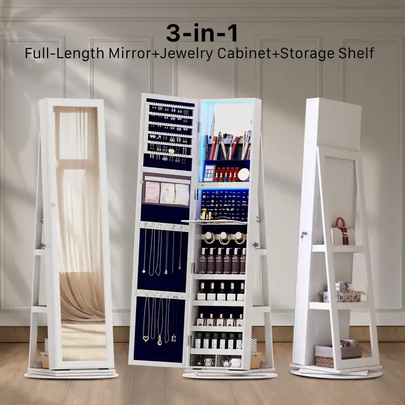 Miu LED Jewelry Armoire with 3-Color LED Lights, 360° Swivel Base, and Double Mirrors - Lockable Standing Jewelry Armoire