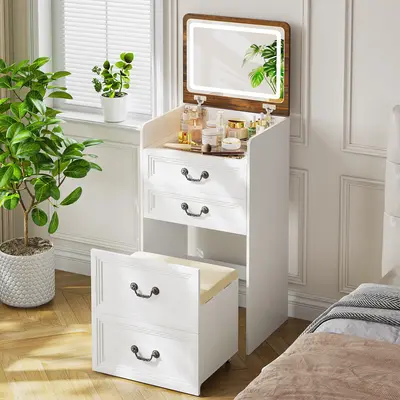 Miu small room vanity with Flip-up LED Mirror, Glass Tabletop,6-Compartment Storage Space, Soft Stool with Hidden Space & Dra...